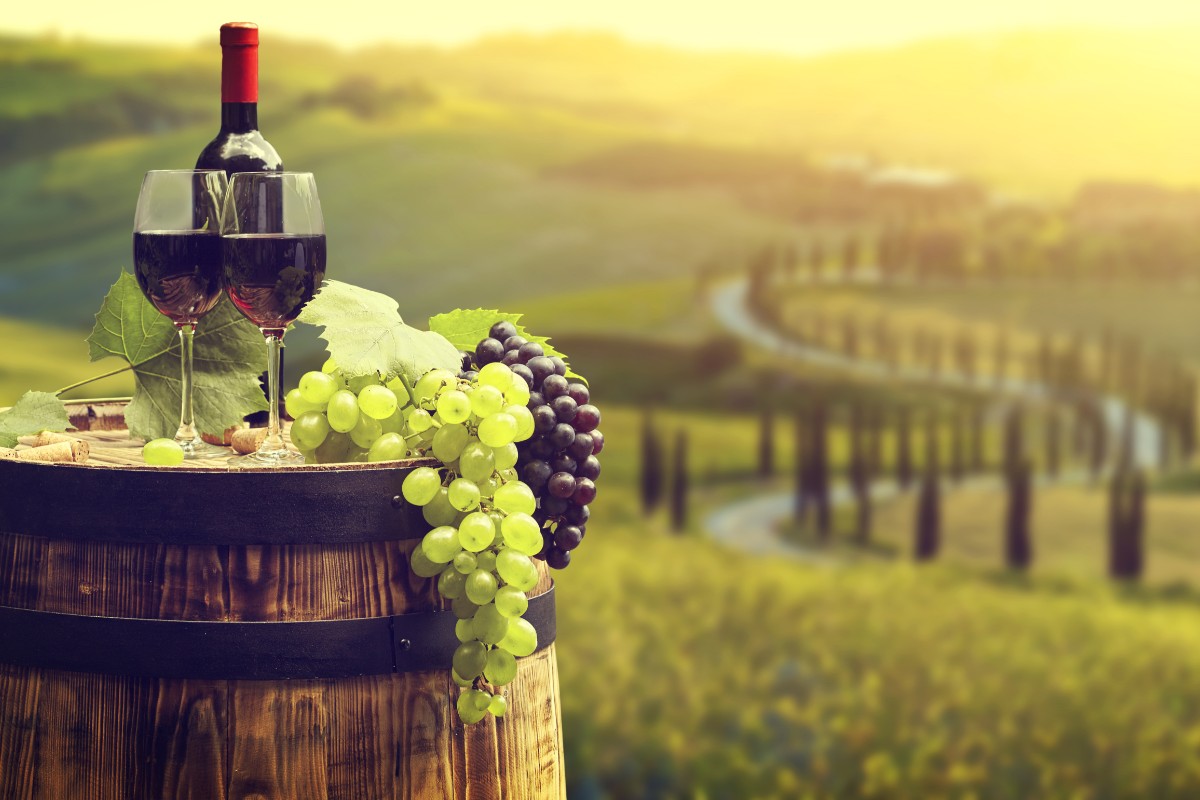 Paesaggio toscano con uva e vino in primo piano