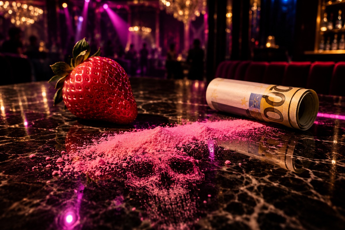 Bancone di un club di lusso con sopra una striscia di cocaina rosa.