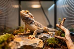 Un esemplare di pogona, o drago barbuto, all'interno del suo vivarium.